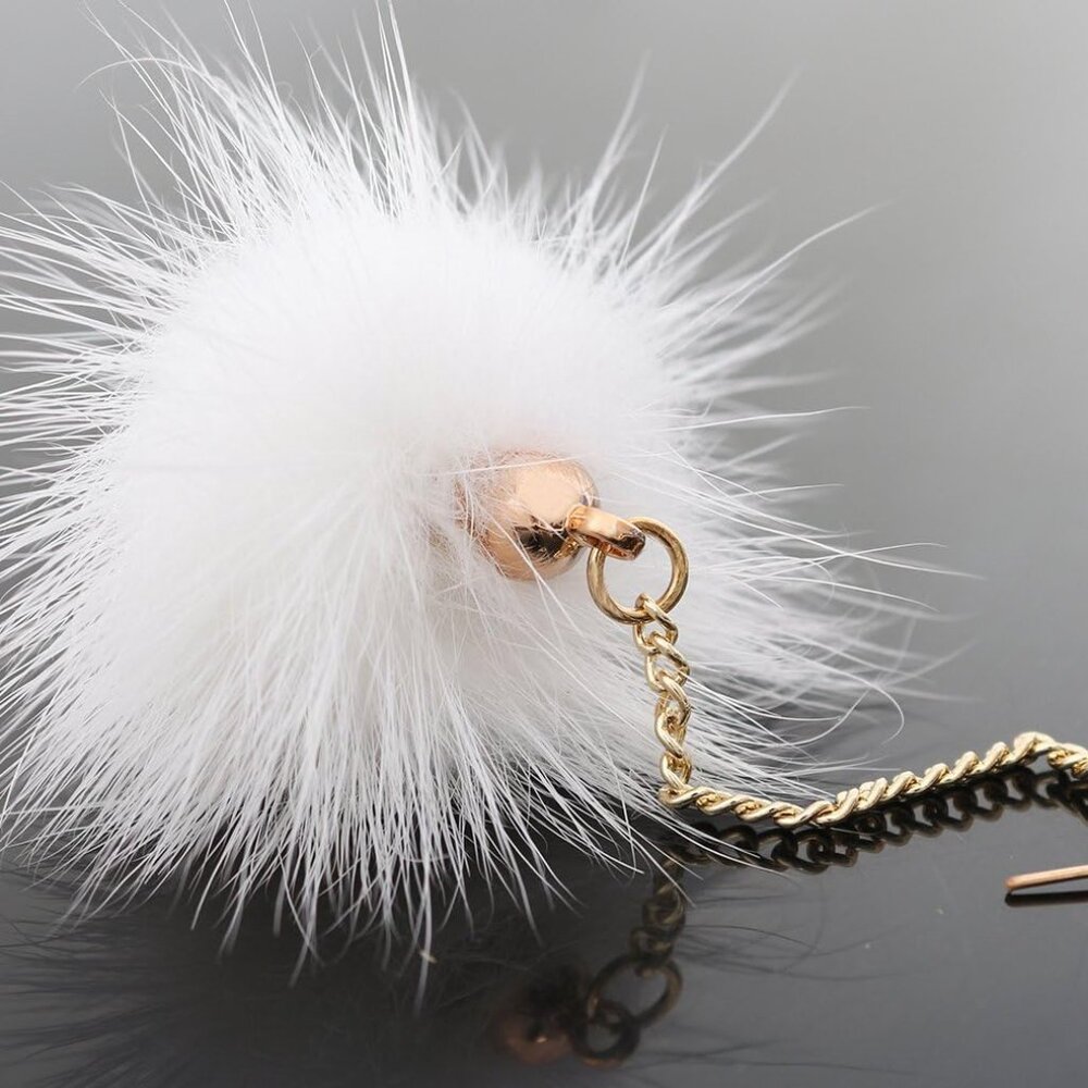 Rabbit Fur Pom pom Drop Earring Gold Chainlink Dangling Earring Ear Drop for Wom - Picture 3 of 5